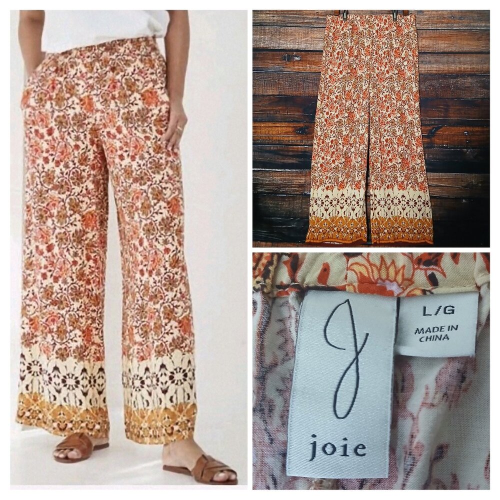 Joie Palazzo Pants L Bohemian Rayon Wide Leg Elastic Waist Pockets